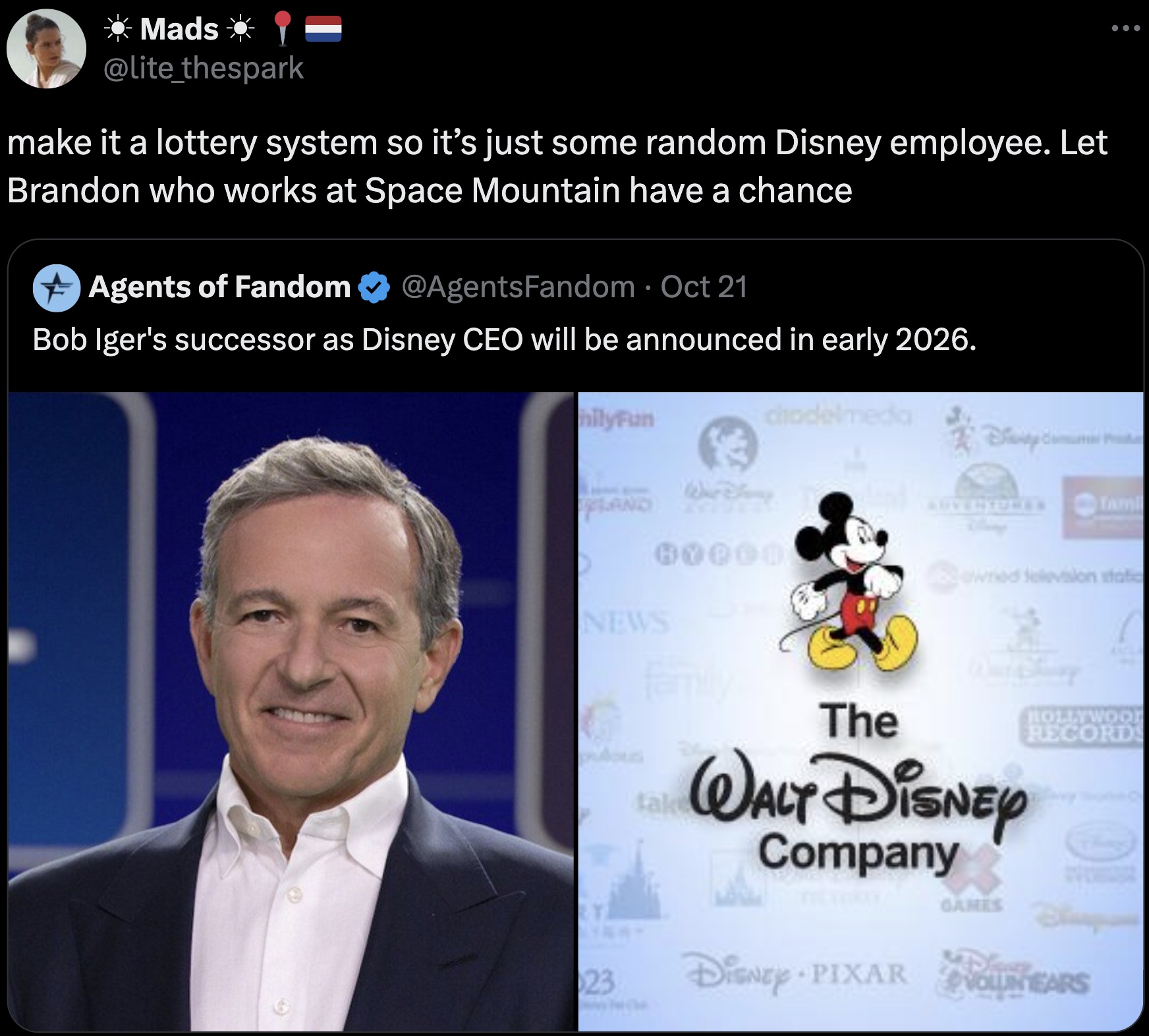 iger says we ve been responding to epic universe for over a decade - Mads make it a lottery system so it's just some random Disney employee. Let Brandon who works at Space Mountain have a chance Agents of Fandom Oct 21 Bob Iger's successor as Disney Ceo w