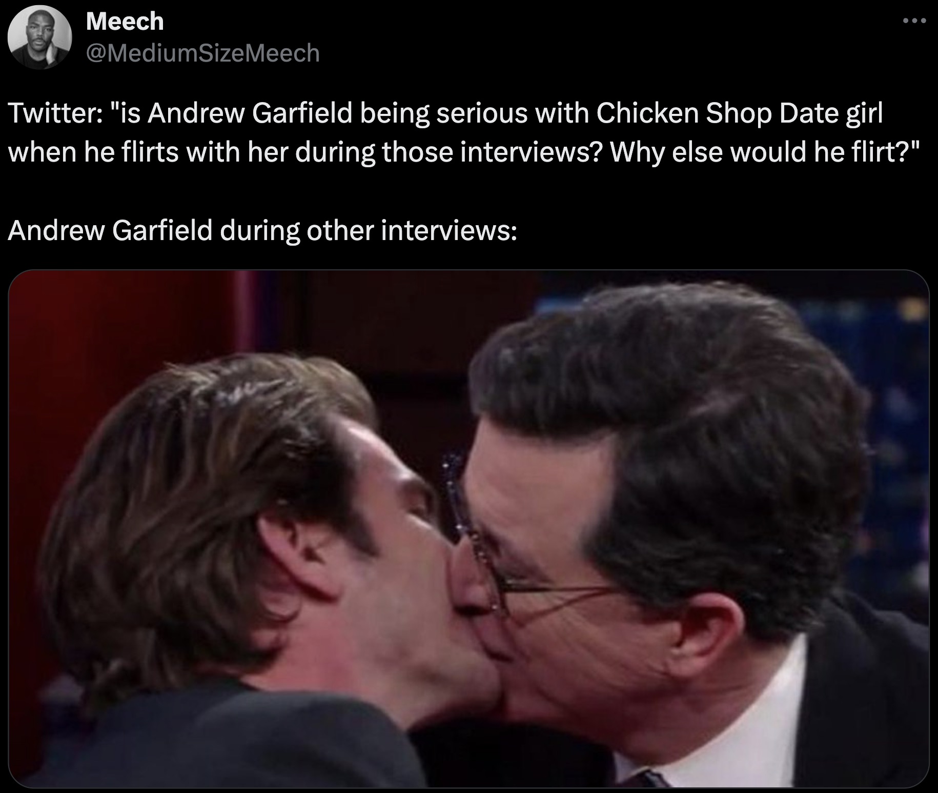 andrew garfield stephen gif - Meech Meech Twitter "is Andrew Garfield being serious with Chicken Shop Date girl when he flirts with her during those interviews? Why else would he flirt?" Andrew Garfield during other interviews