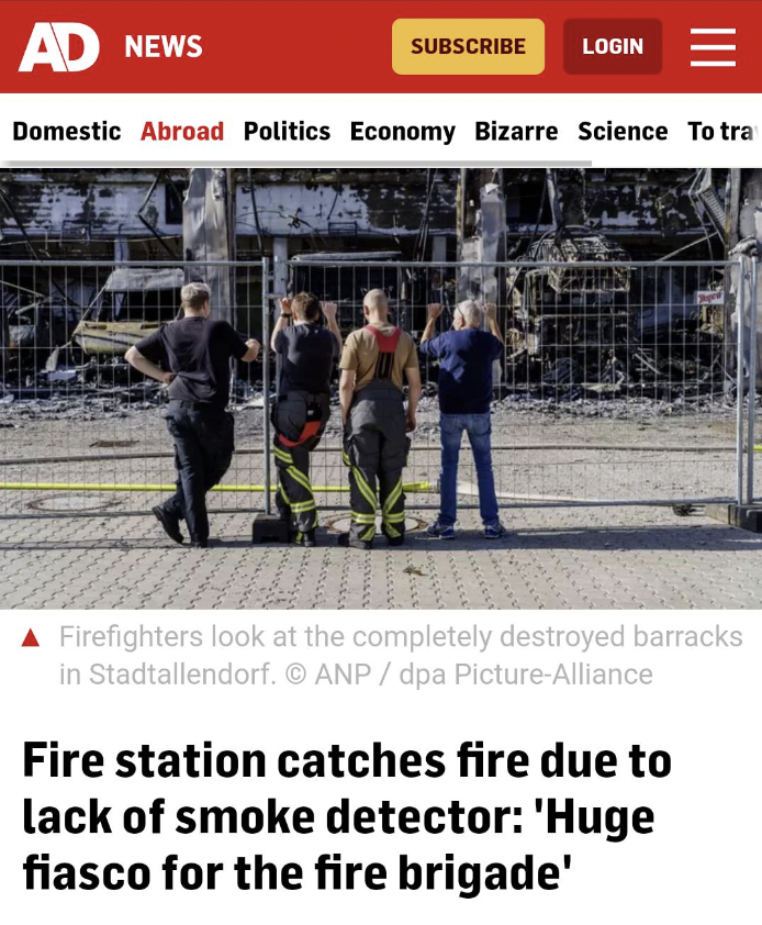 Fire department - Ad News Subscribe Login Domestic Abroad Politics Economy Bizarre Science To tra Firefighters look at the completely destroyed barracks in Stadtallendorf. Anp dpa PictureAlliance Fire station catches fire due to lack of smoke detector 'Hu