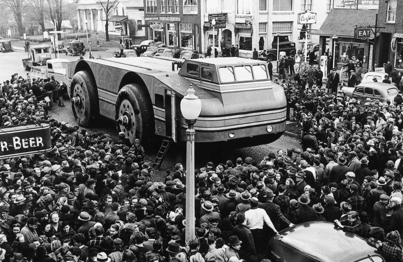 The Antarctic Snow Cruiser on the drive towards the ship that would take it south to the Pole. The vehicle provided living space and laboratories to five scientists. Unfortunately, it was found to have no traction on snow unless driven in reverse and was eventually abandoned. 1939.