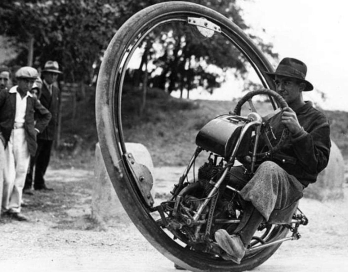 Purves’ Monowheel. This crazy looking vehicle was built based on a drawing made by Leonardo da Vinci. Known as a monowheel, the design for this wheel was patented in 1930 by a British inventor Dr. J. A. Purves.