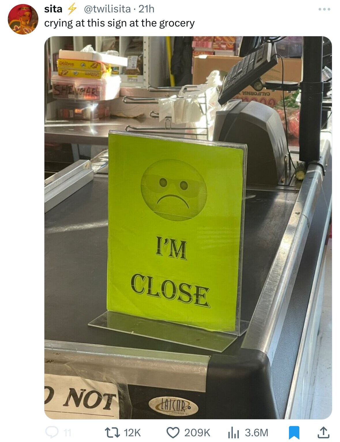 smiley - sita 21h crying at this sign at the grocery Dathan Shingar Not I'M Close Laicor V ll 3.6M