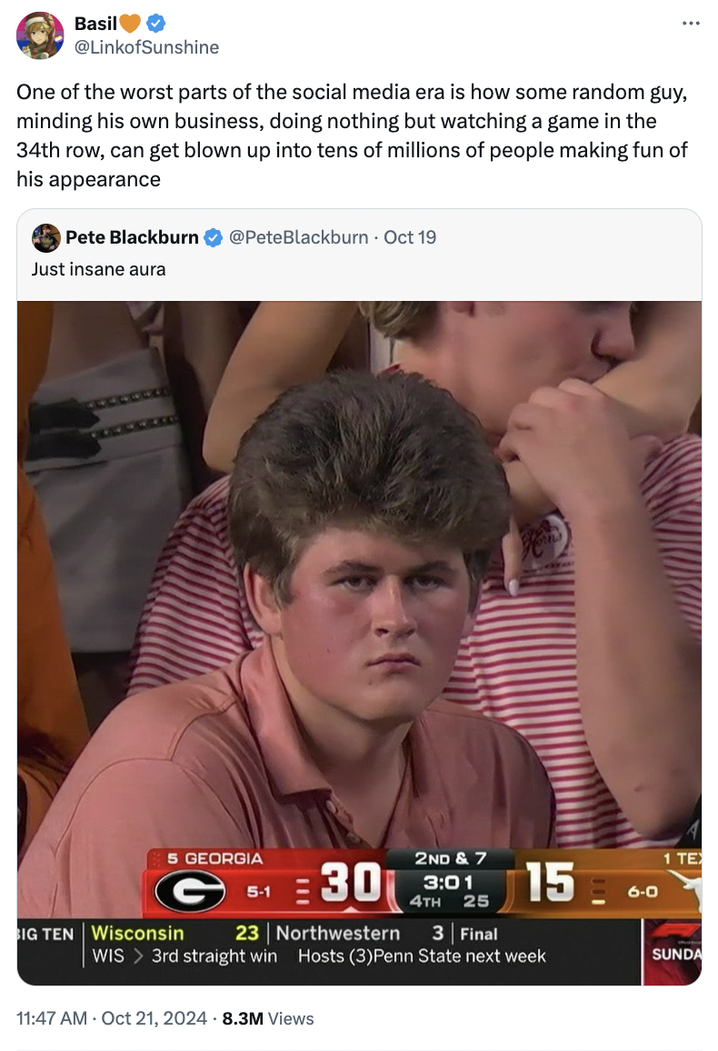 screenshot - Basil One of the worst parts of the social media era is how some random guy. minding his own business, doing nothing but watching a game in the 34th row, can get blown up into tens of millions of people making fun of his appearance Pete Black