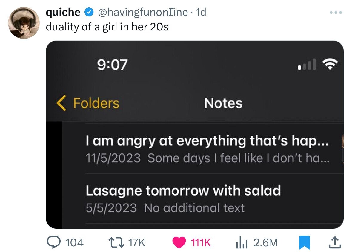 screenshot - quiche 1d . ... duality of a girl in her 20s Folders Notes I am angry at everything that's hap... 1152023 Some days I feel I don't ha... Lasagne tomorrow with salad 552023 No additional text IlII 2.6M