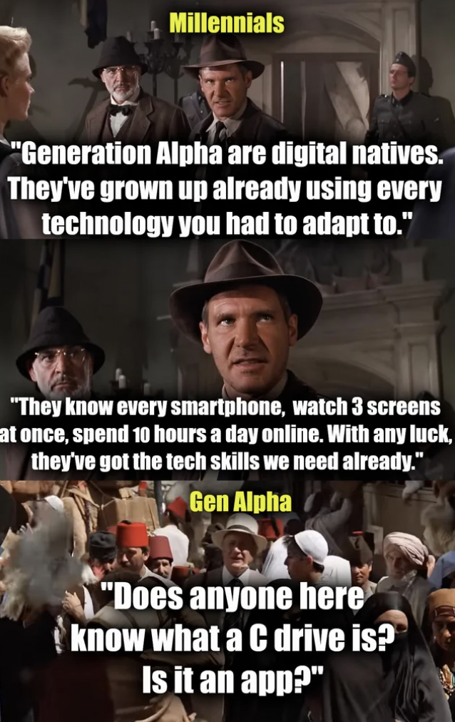 photo caption - Millennials "Generation Alpha are digital natives. They've grown up already using every technology you had to adapt to." "They know every smartphone, watch 3 screens at once, spend 10 hours a day online. With any luck, they've got the tech