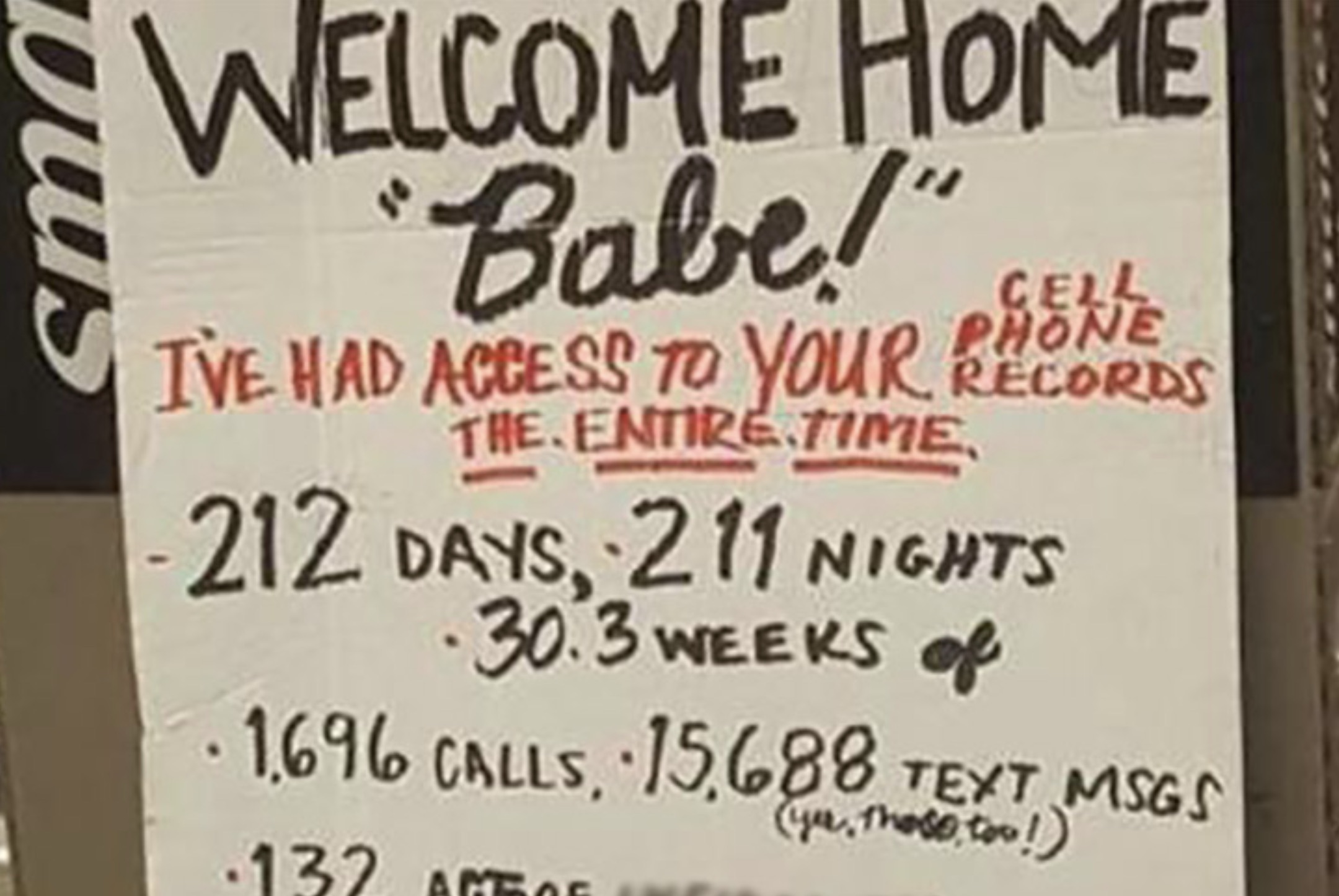 poster - Welcome Home Babe!" Cell Phone Ive Had Access To Your Records The Entire Time 212 Days, 211 Nights 30.3 Weeks of 1696 Calls, 15.688 Text Msgs you, those too! 132 Aceas