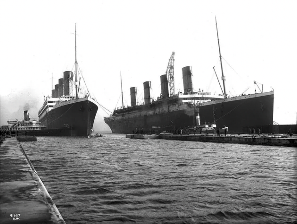 The last time the Olympic (left) and Titanic (right) would be photographed together. March, 1912.