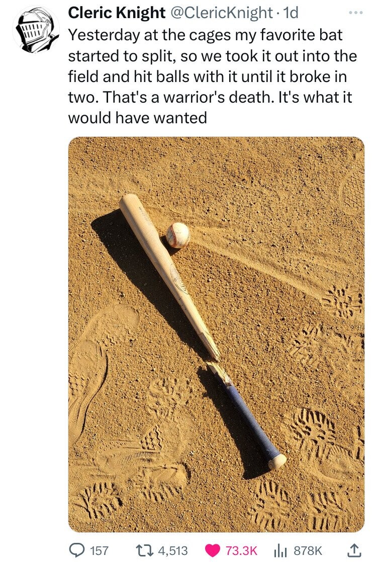 writing - Cleric Knight 1d Yesterday at the cages my favorite bat started to split, so we took it out into the field and hit balls with it until it broke in two. That's a warrior's death. It's what it would have wanted 157 4,513