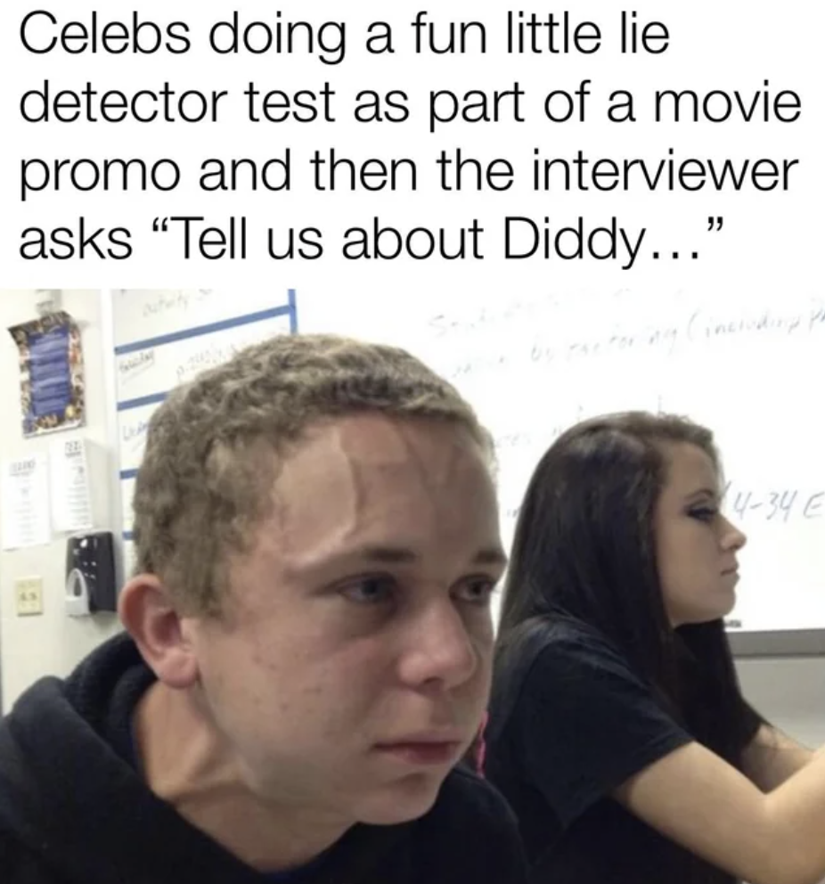 guy with veins meme template - Celebs doing a fun little lie detector test as part of a movie promo and then the interviewer asks "Tell us about Diddy..." 434