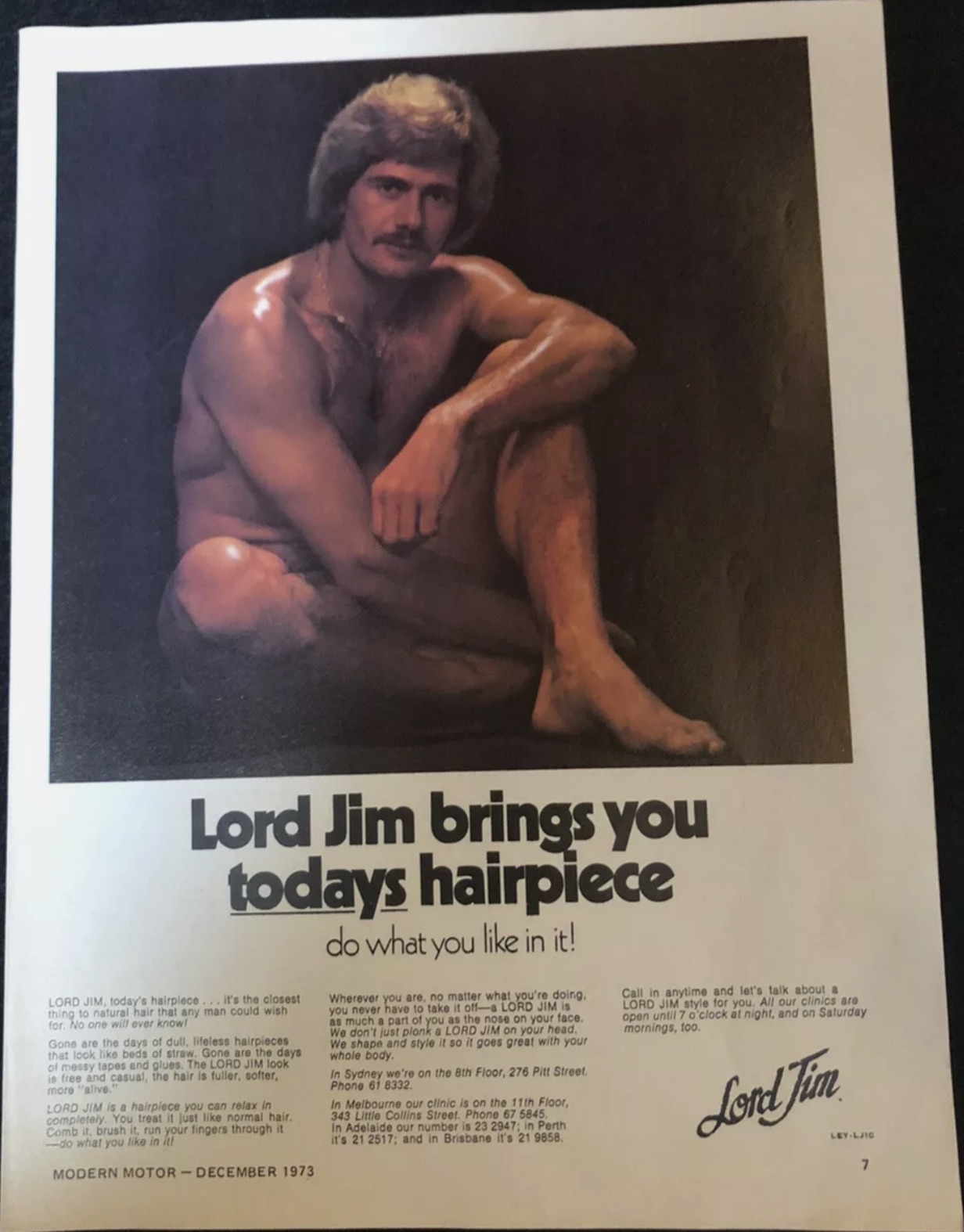 poster - Lord Jim brings you todays hairpiece Lord Jim, today's hairpiece... it's the closest thing to natural hair that any man could wish for. No one will ever know! Gone are the days of dull, lifeless hairpieces that look beds of straw. Gone are the da