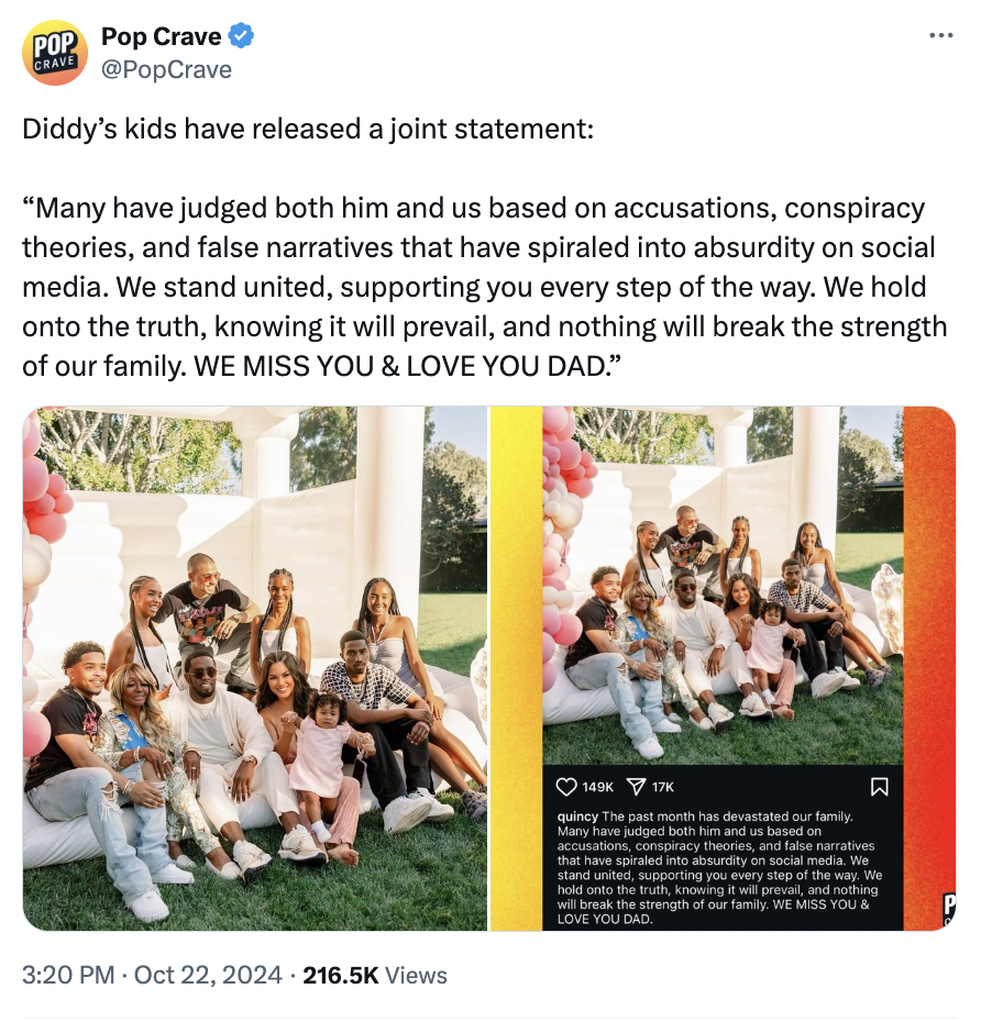 brochure - Pop Pop Crave Crave Diddy's kids have released a joint statement "Many have judged both him and us based on accusations, conspiracy theories, and false narratives that have spiraled into absurdity on social media. We stand united, supporting yo