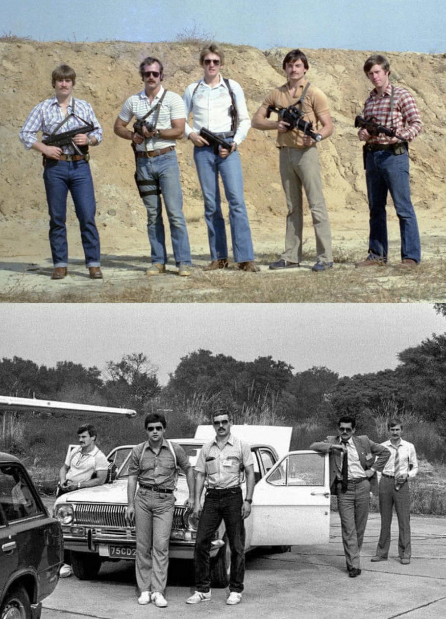 Delta Force (above) and KGB's Alpha Group (below) operators in civilian clothing, 1980s.