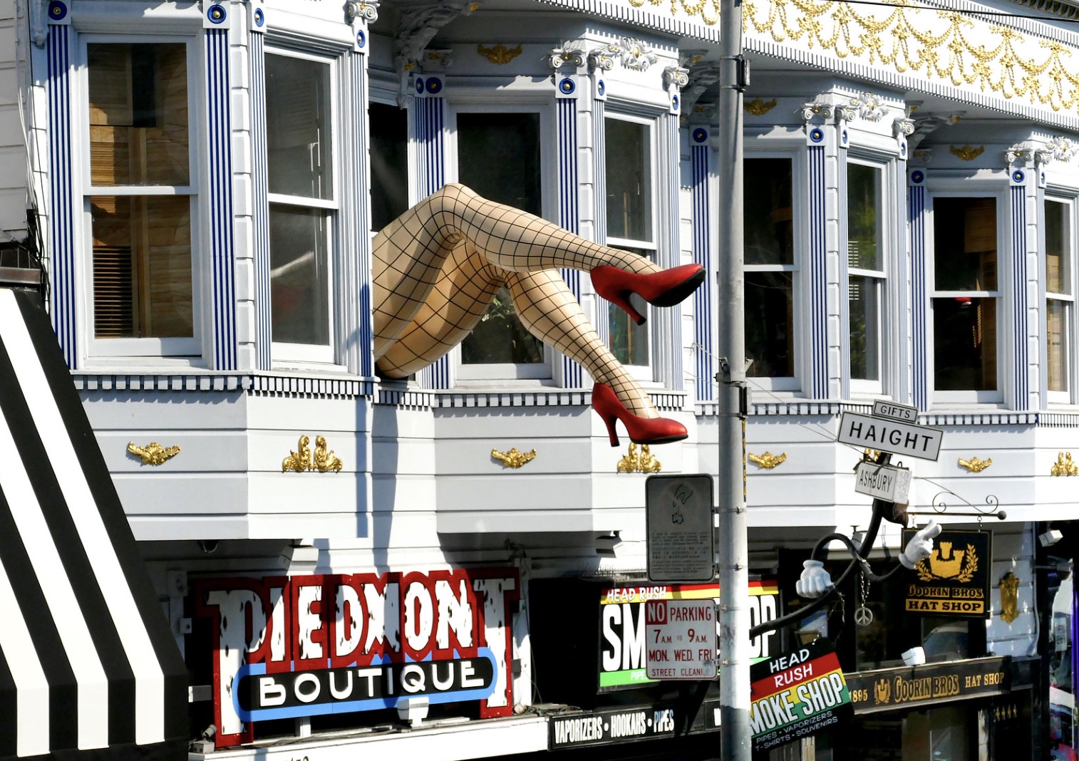 legs hanging out the window - Haight Diedmon Boutique Sm No Parking 7AM9AM Mon Wed F Mes Lang Wponders HokasS Head Rush Doua Tros Hat Shop Moke Shops Uses Hat Sie