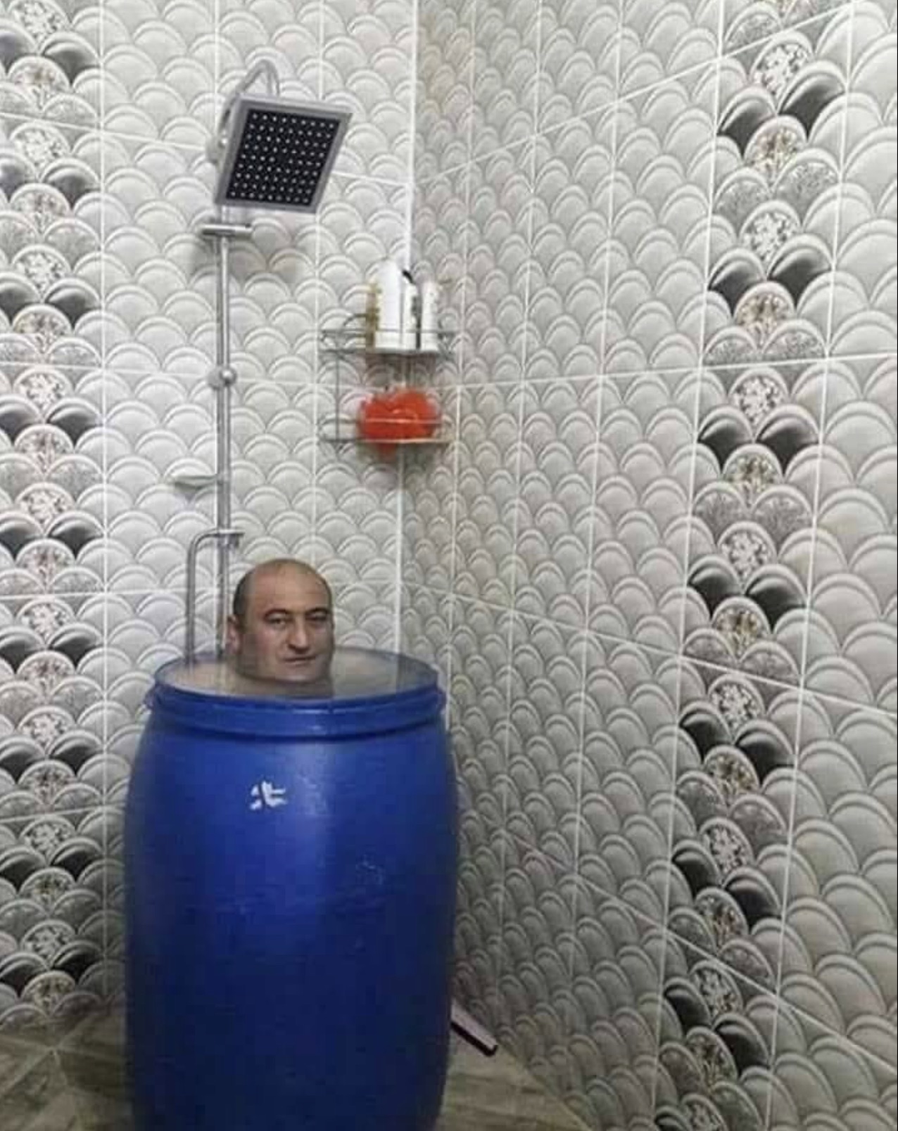 man in blue barrel