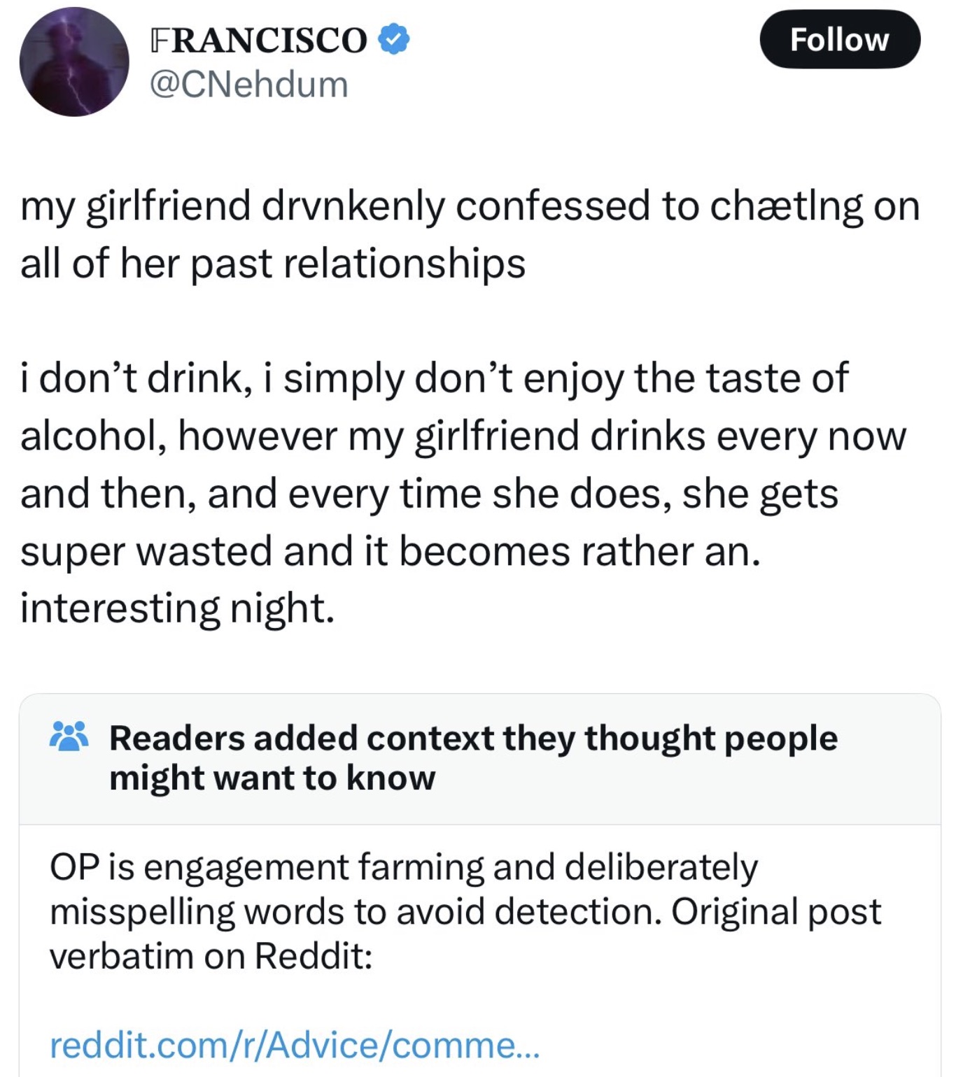 screenshot - Francisco my girlfriend drvnkenly confessed to chting on all of her past relationships i don't drink, i simply don't enjoy the taste of alcohol, however my girlfriend drinks every now and then, and every time she does, she gets super wasted a