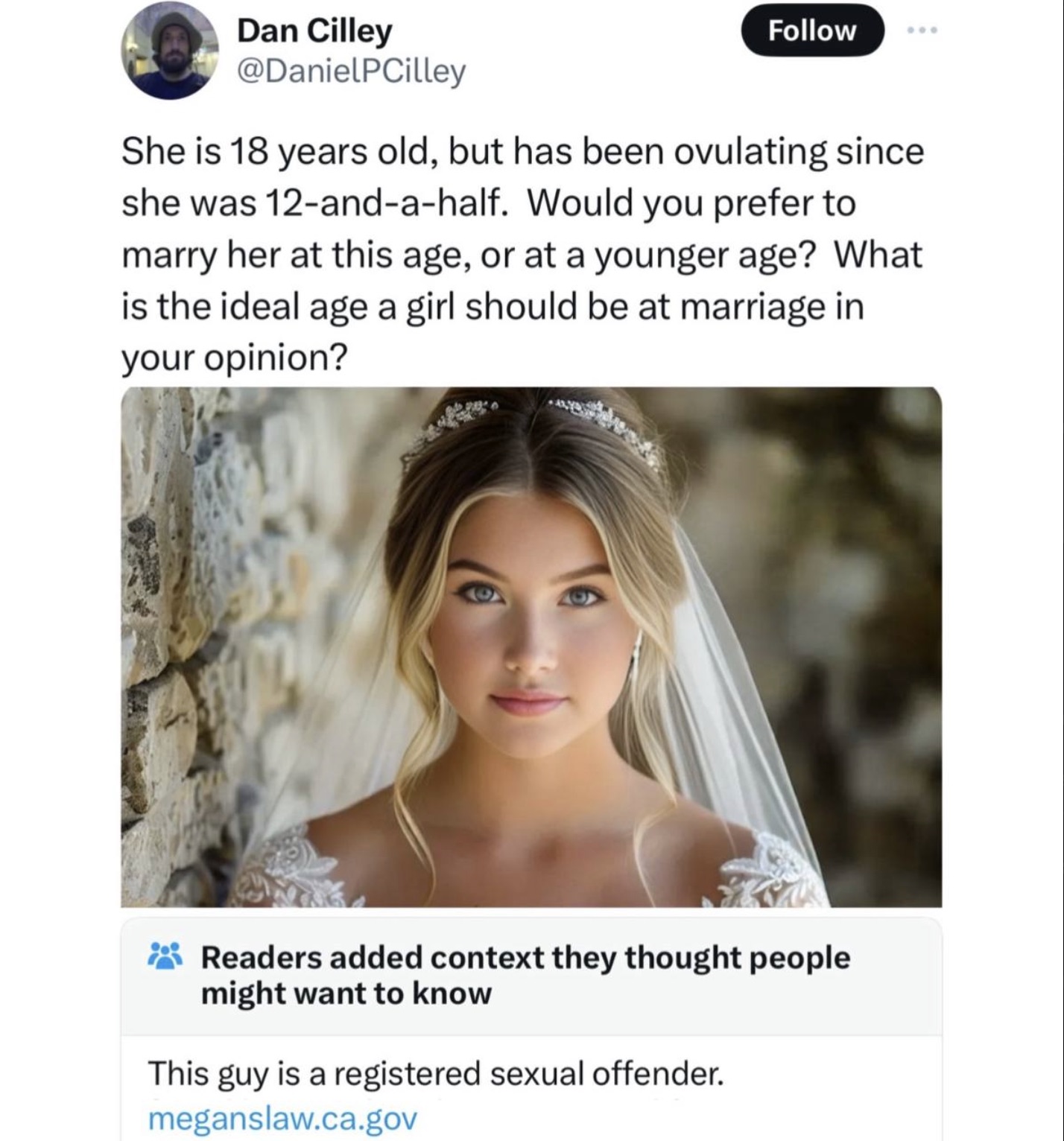 Dan Cilley She is 18 years old, but has been ovulating since she was 12andahalf. Would you prefer to marry her at this age, or at a younger age? What is the ideal age a girl should be at marriage in your opinion? Readers added context they thought people…