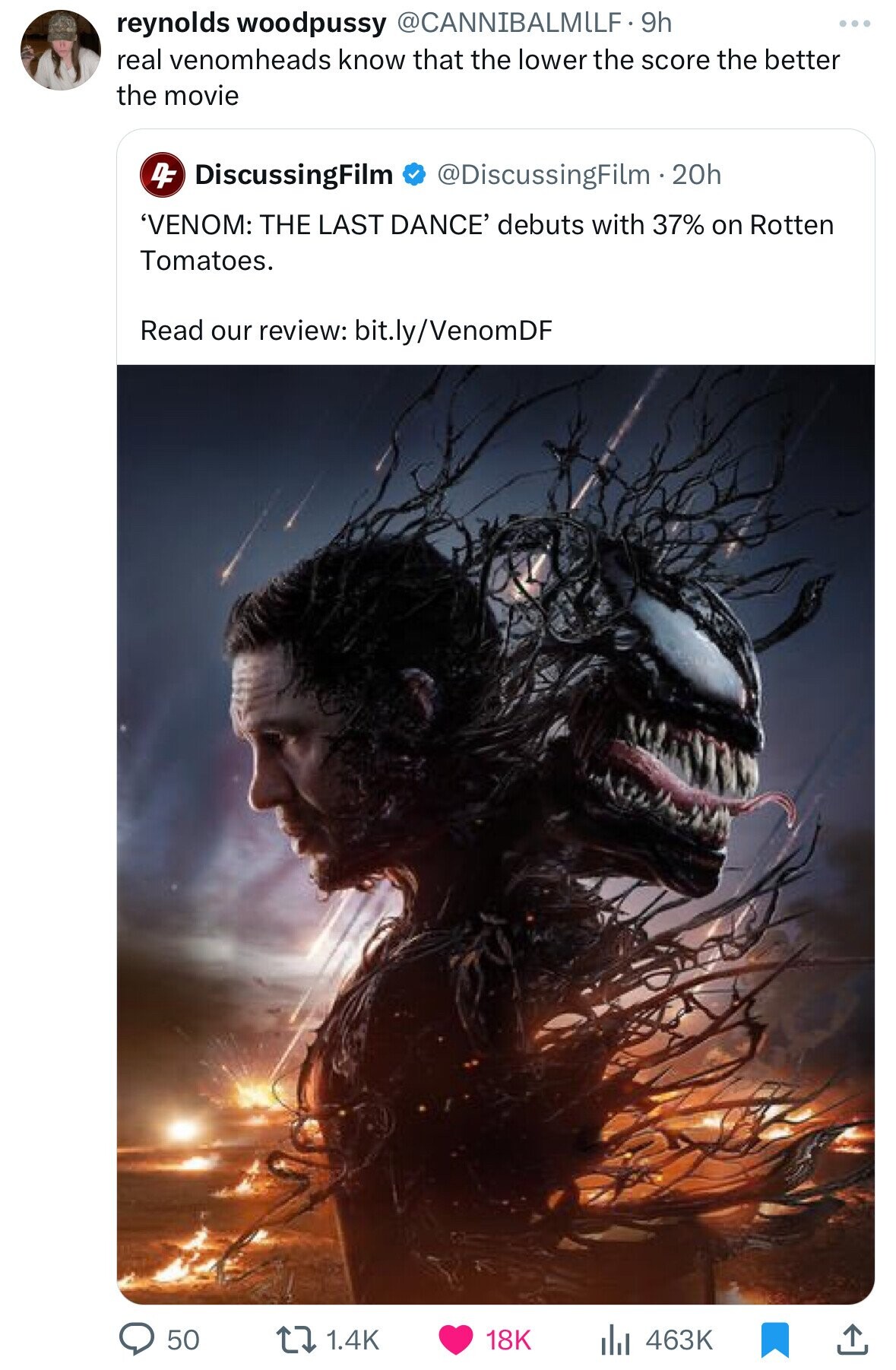 venom the last dance - reynolds woodpussy . 9h real venomheads know that the lower the score the better the movie 4 DiscussingFilm 20h 'Venom The Last Dance' debuts with 37% on Rotten Tomatoes. Read our review bit.lyVenom Df 50 18K Ilil