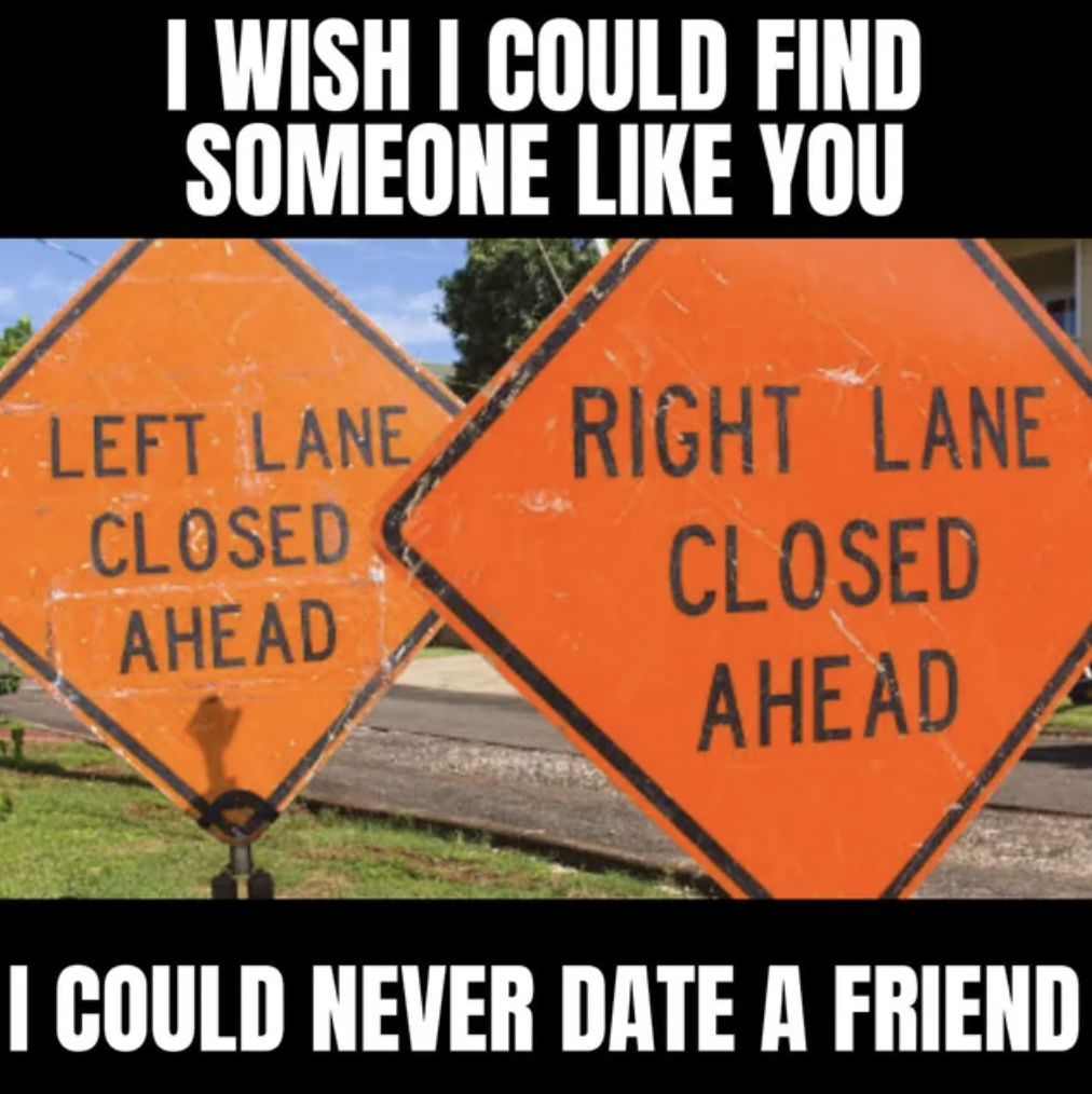 photo caption - I Wish I Could Find Someone You Left Lane Right Lane Closed Closed Ahead Ahead I Could Never Date A Friend