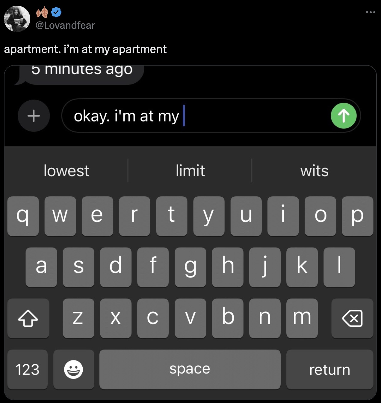 typing in iphone a search box appears - apartment. i'm at my apartment 5 minutes ago okay. i'm at my 9 lowest limit wits q We r tyu i p a S df g h j kl 123 N X C v b nm space return