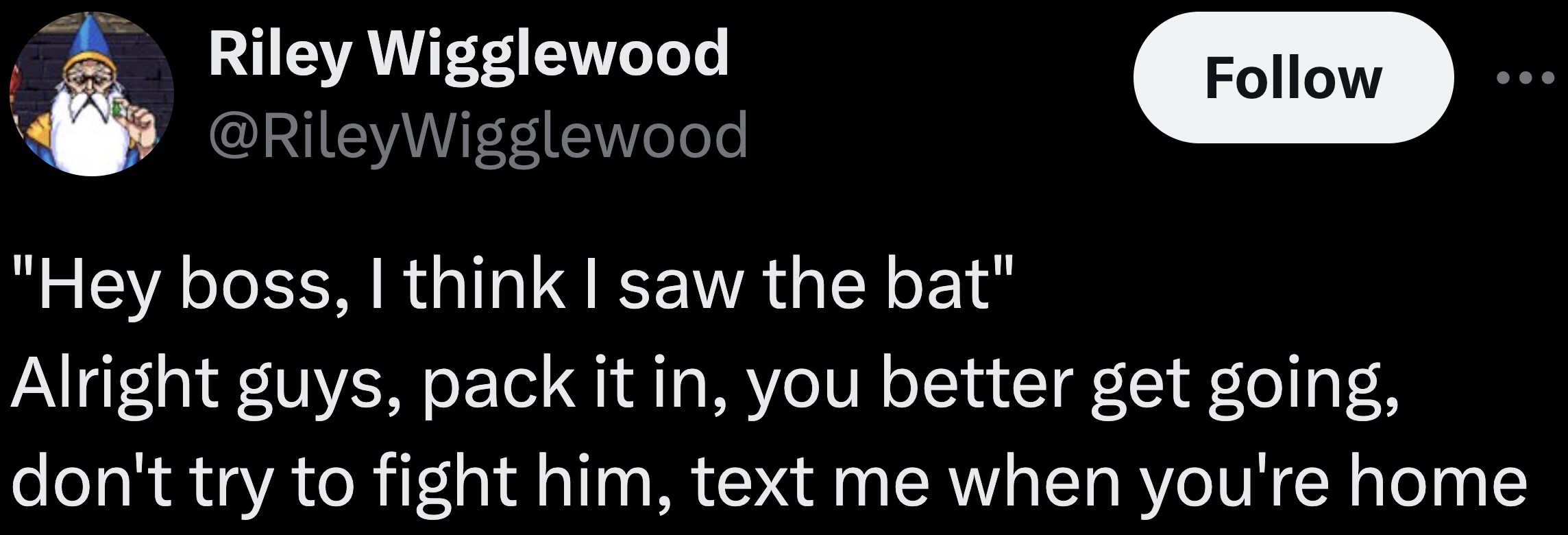 majorelle blue - Riley Wigglewood "Hey boss, I think I saw the bat" Alright guys, pack it in, you better get going, don't try to fight him, text me when you're home