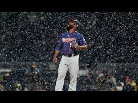 Twins closer Fernando Rodney catches April snowflakes in his mouth in 2018.