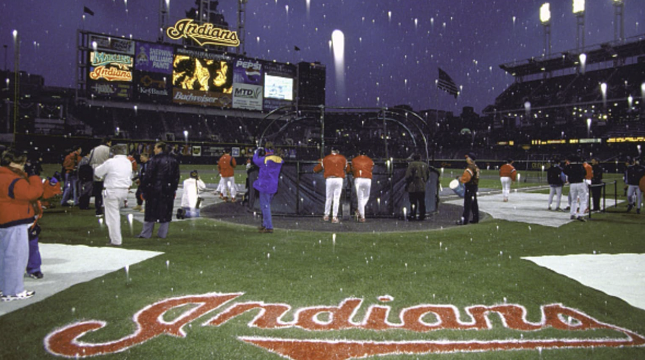 The coldest game in World Series history was played with an official temperature of 38 degrees, between the Cleveland Indians and Florida Marlins in 1997. This photo is from pre-game batting practice. (In Cleveland.)