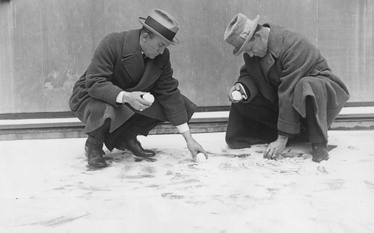 Ty Cobb and Ed Walsh making snowballs in New York.