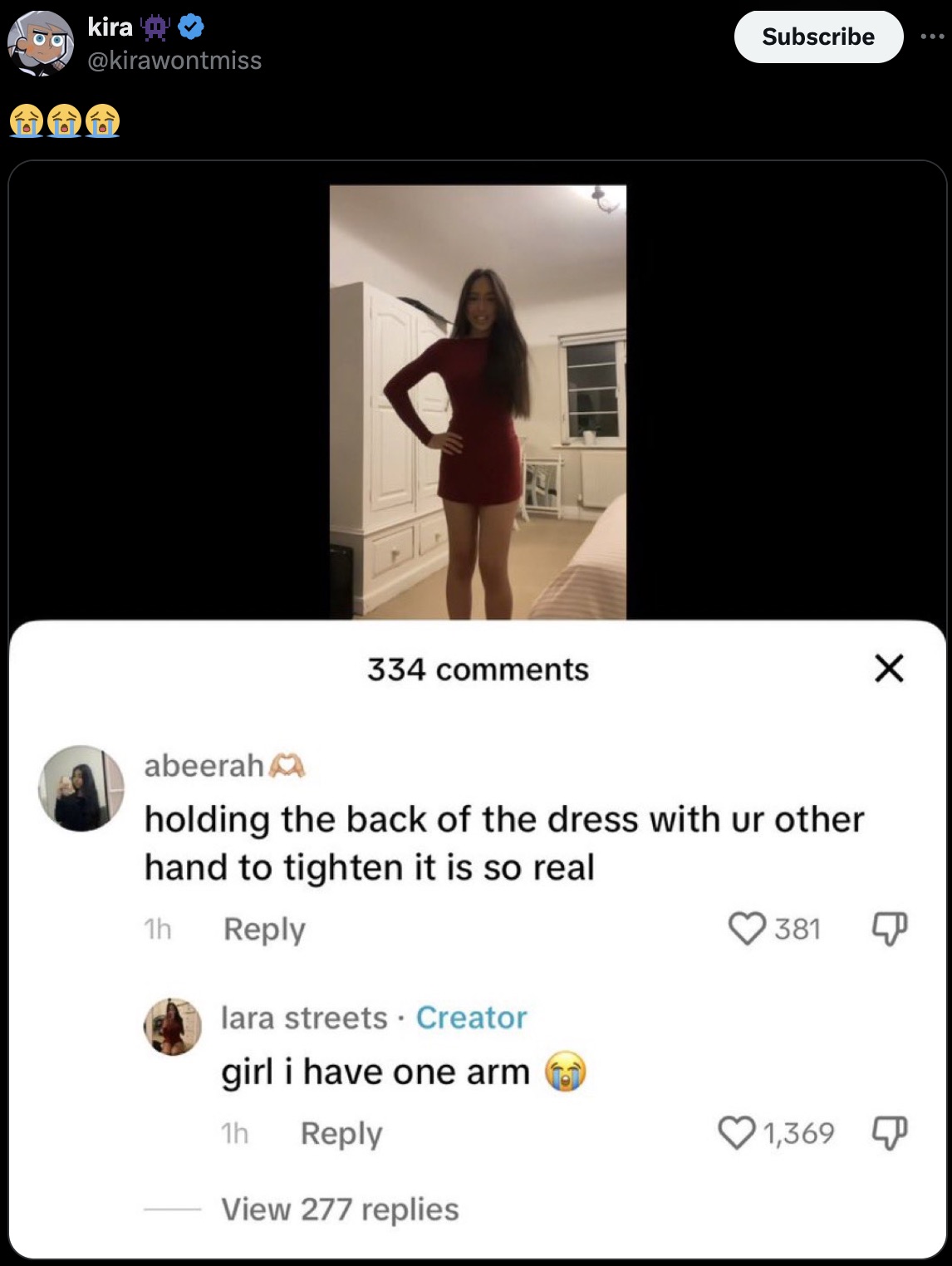 lara streets tiktok - kira Subscribe 334 abeerah holding the back of the dress with ur other hand to tighten it is so real 1h lara streets. Creator girl i have one arm 1h View 277 replies 381 1,369