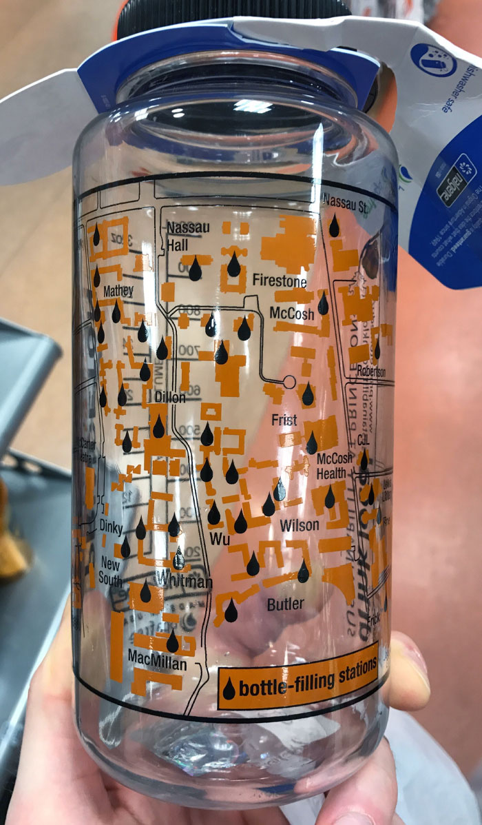 This cool water bottle has a map of all the locations of the free fill-up stations on campus.