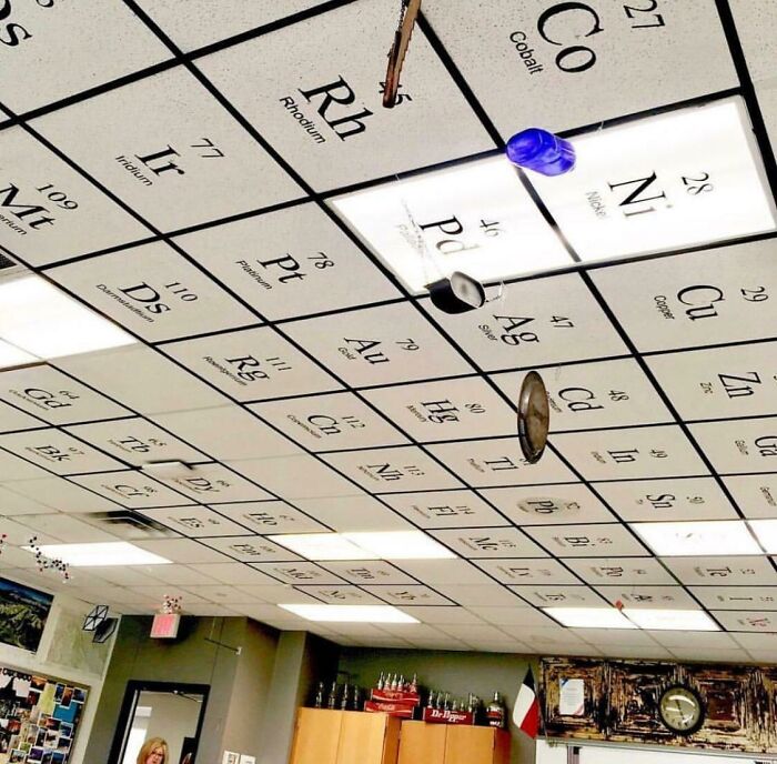 The Chemistry class at this school has the periodic table of elements on their ceiling tiles.