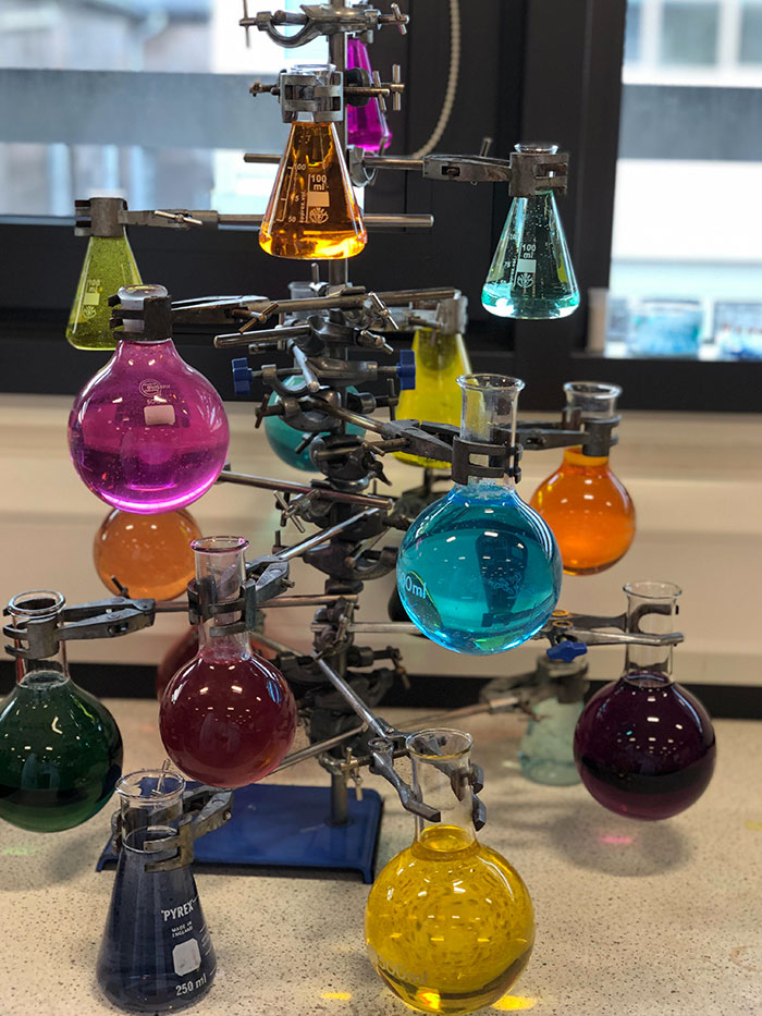 A festive ChemisTree the teacher puts out during the holiday season.