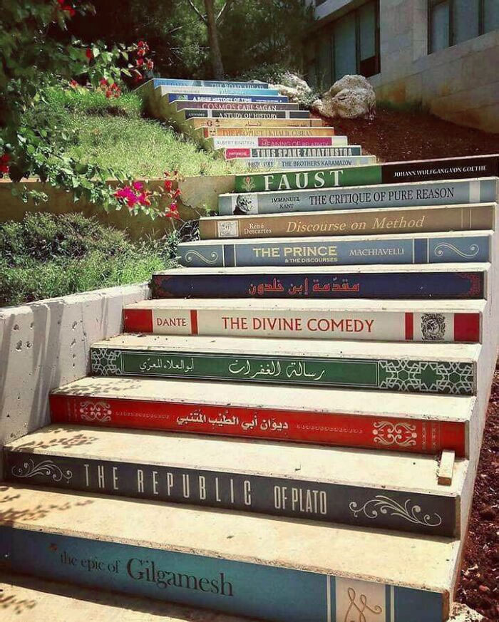 The stairs at Balamand University in Lebanon are painted like the covers of famous books.