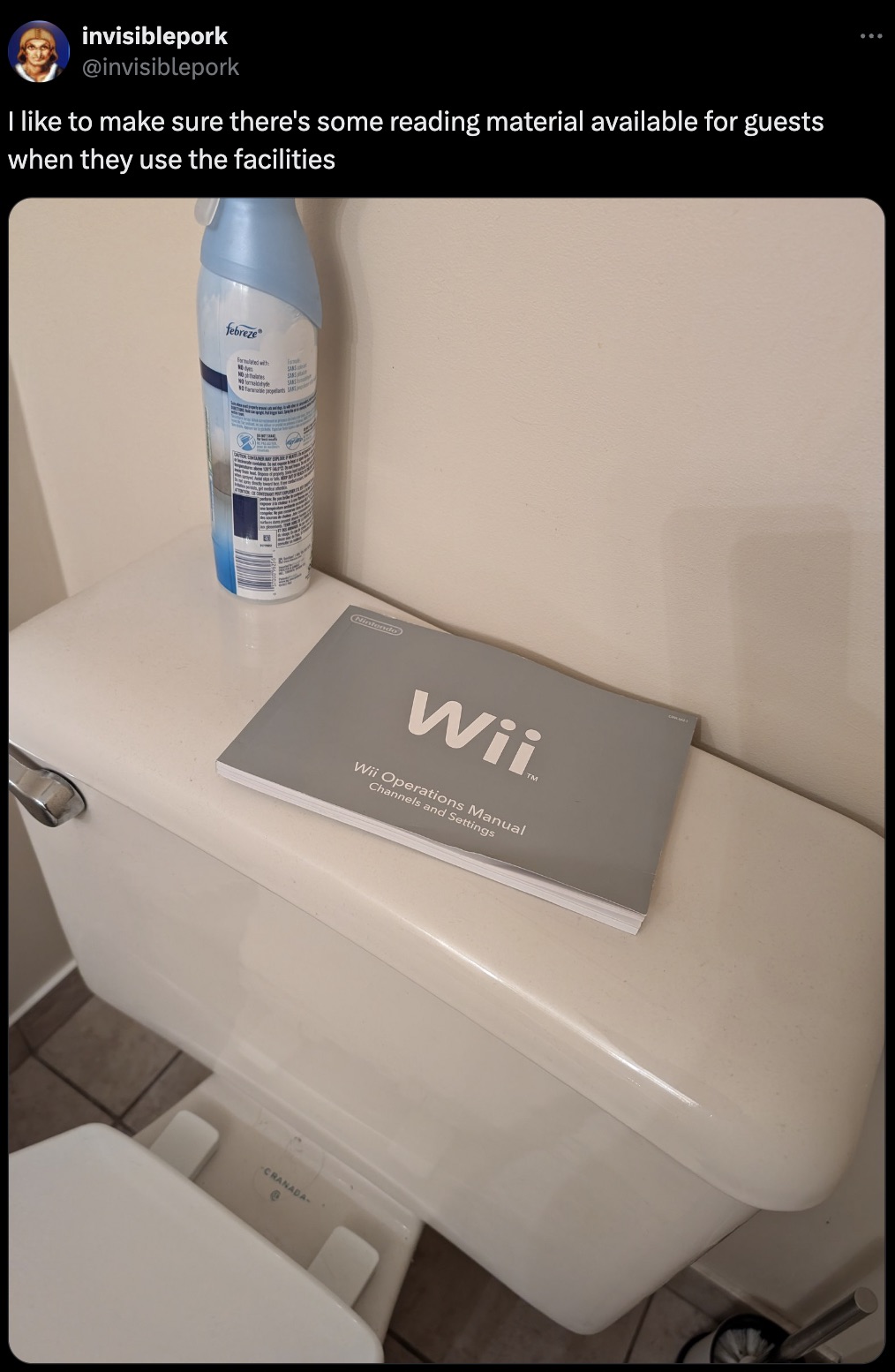 plastic bottle - invisiblepork I to make sure there's some reading material available for guests when they use the facilities febreze Wayde Nintendo Wii Wii Operations Manual Channels and Settings Cranada