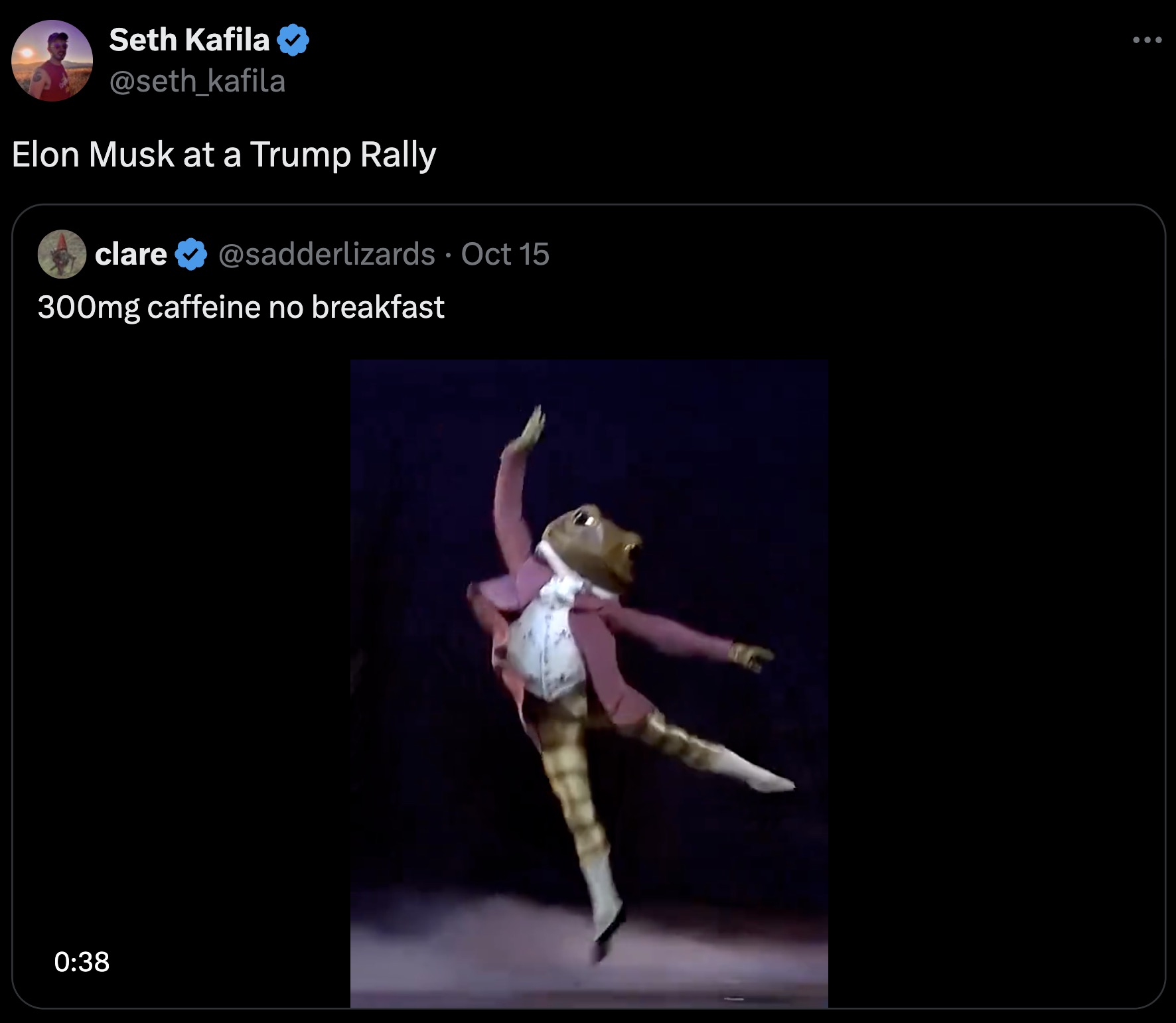 acrobatics - Seth Kafila kafila Elon Musk at a Trump Rally clare Oct 15 300mg caffeine no breakfast ...