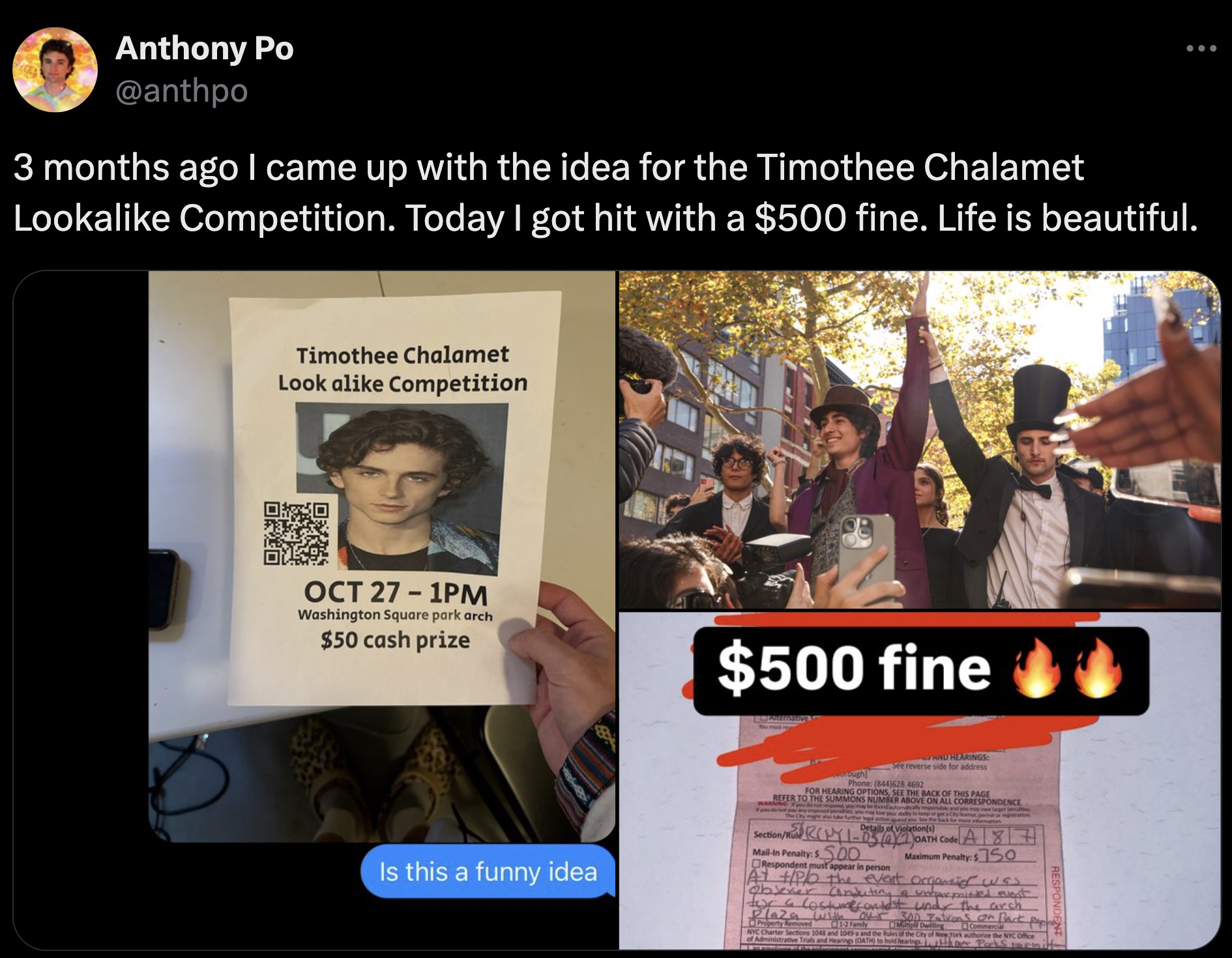 online advertising - Anthony Po 3 months ago I came up with the idea for the Timothee Chalamet Looka Competition. Today I got hit with a $500 fine. Life is beautiful. Timothee Chalamet Look a Competition Oct 271PM Washington Square park arch $50 cash priz