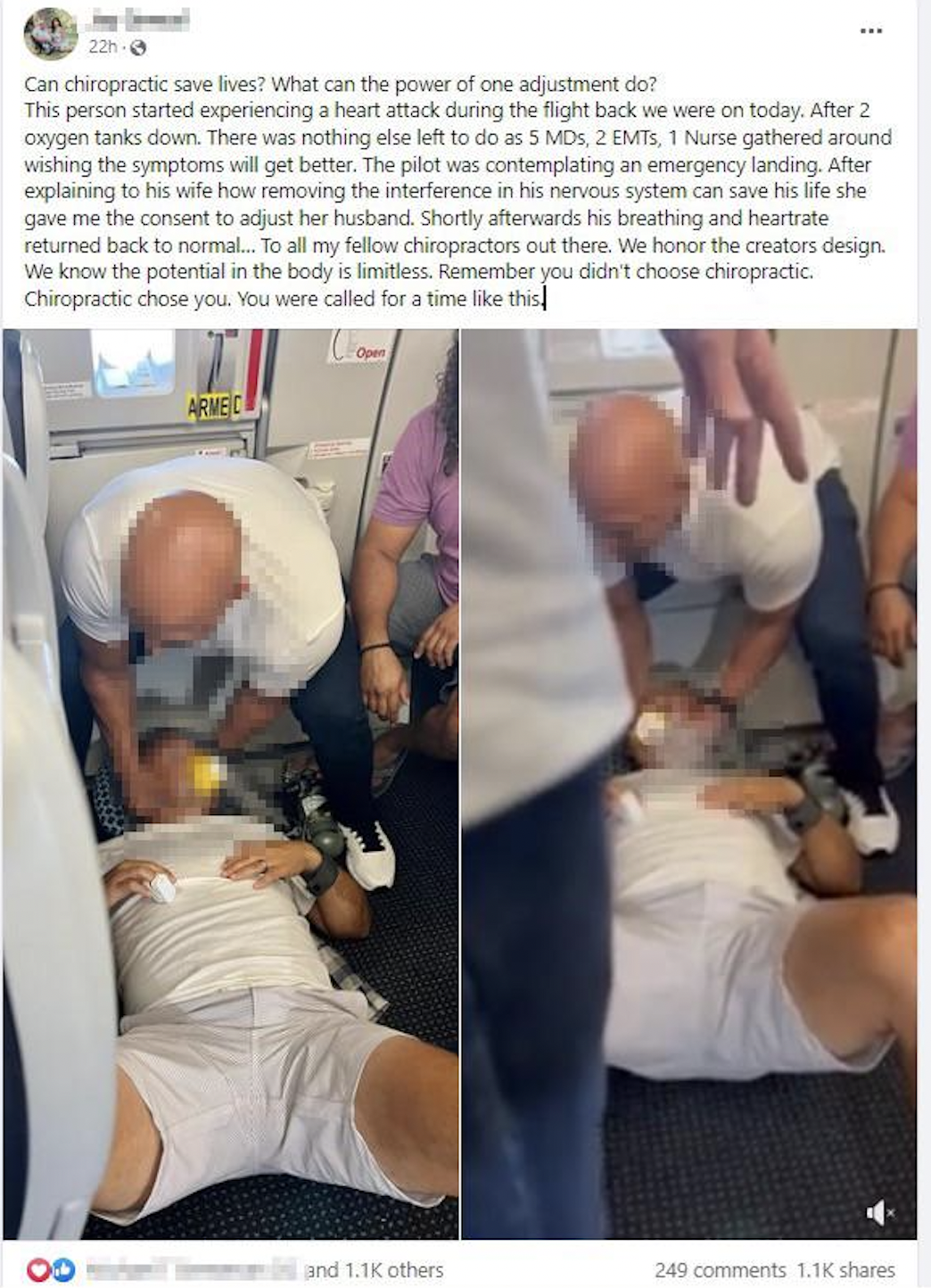 clinic - Can chiropractic save lives? What can the power of one adjustment do? This person started experiencing a heart attack during the flight back we were on today After 2 oxygen tanks down. There was nothing else left to do as 5 Mds, 2 EMTs, 1 Nurse g