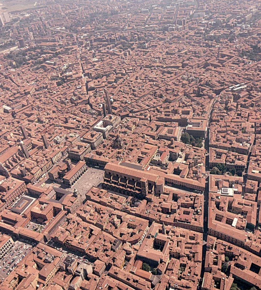 Bologna, Italy from above. Nicknamed "The Red City."