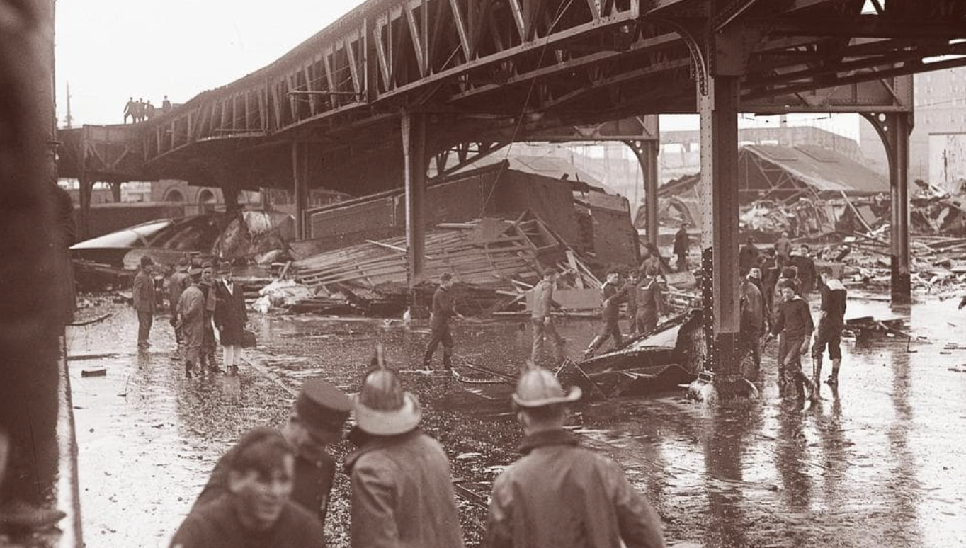 Wreckage under elevated train tracks from the molasses disaster.