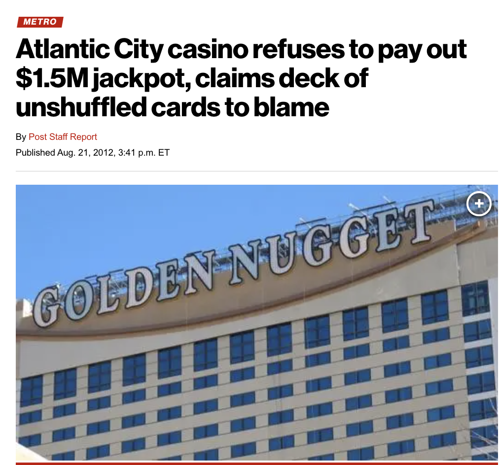 architecture - Metro Atlantic City casino refuses to pay out $1.5M jackpot, claims deck of unshuffled cards to blame By Post Staff Report Published Aug. 21, 2012, p.m. Et Golden Nugget O