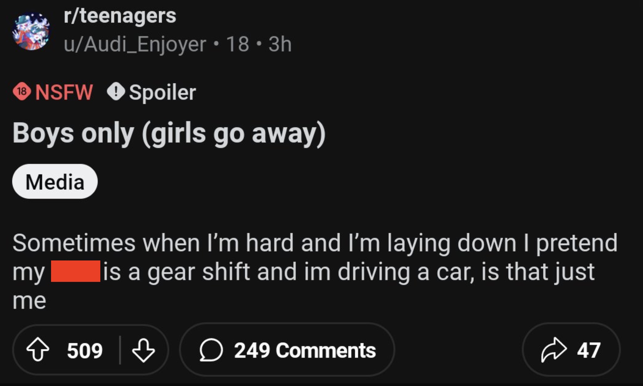 screenshot - rteenagers uAudi_Enjoyer 18 3h 18 Nsfw Spoiler Boys only girls go away Media Sometimes when I'm hard and I'm laying down I pretend is a gear shift and im driving a car, is that just my me 509 509 249 47