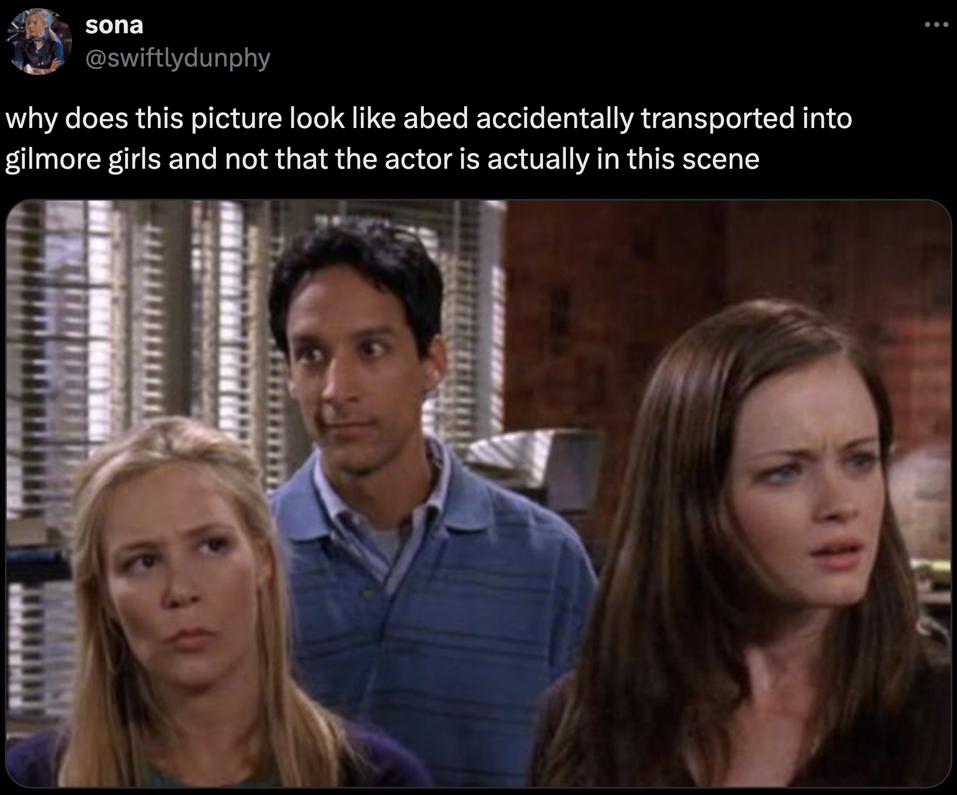 photo caption - sona why does this picture look abed accidentally transported into gilmore girls and not that the actor is actually in this scene