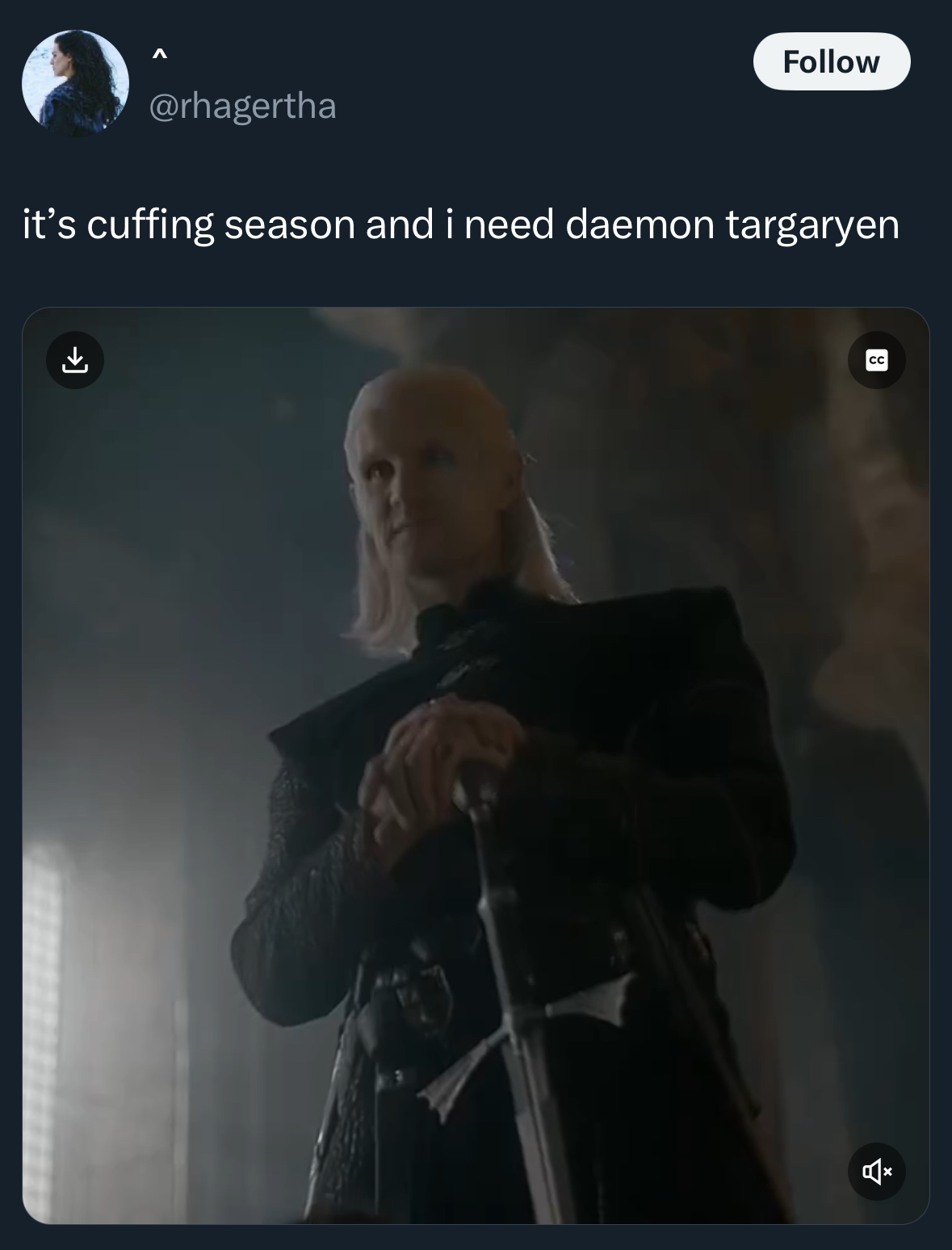 screenshot - it's cuffing season and i need daemon targaryen