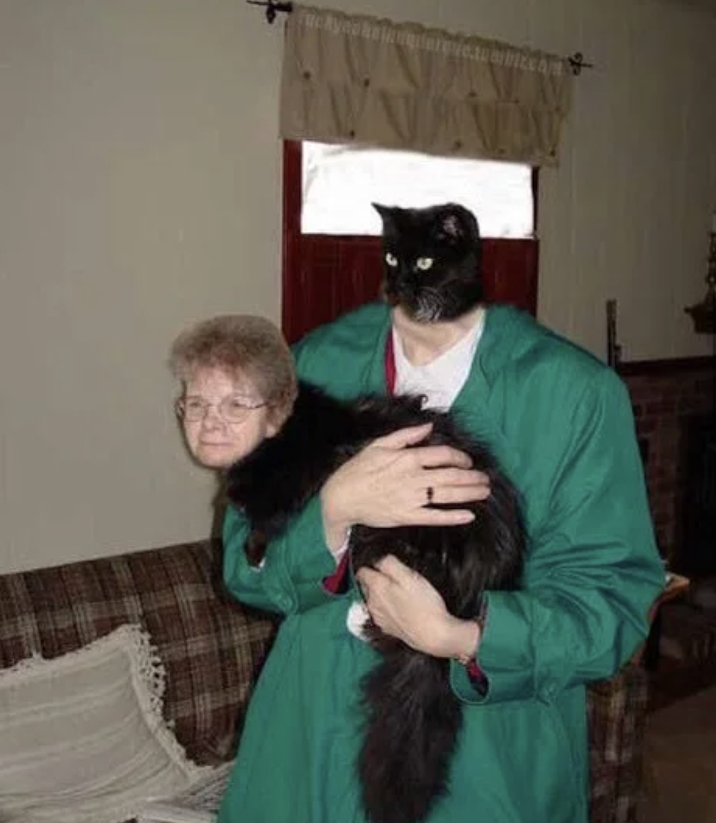 grandma holding cat face swap