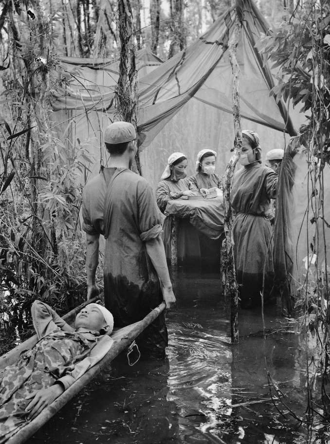 A makeshift hospital in the Vietnam War, 1970.