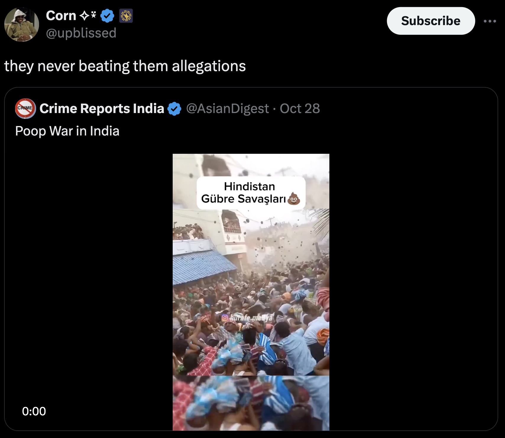 screenshot - Corn they never beating them allegations Crime Crime Reports India Poop War in India Oct 28 Hindistan Gbre Savalar hurafe.medya 00 Subscribe