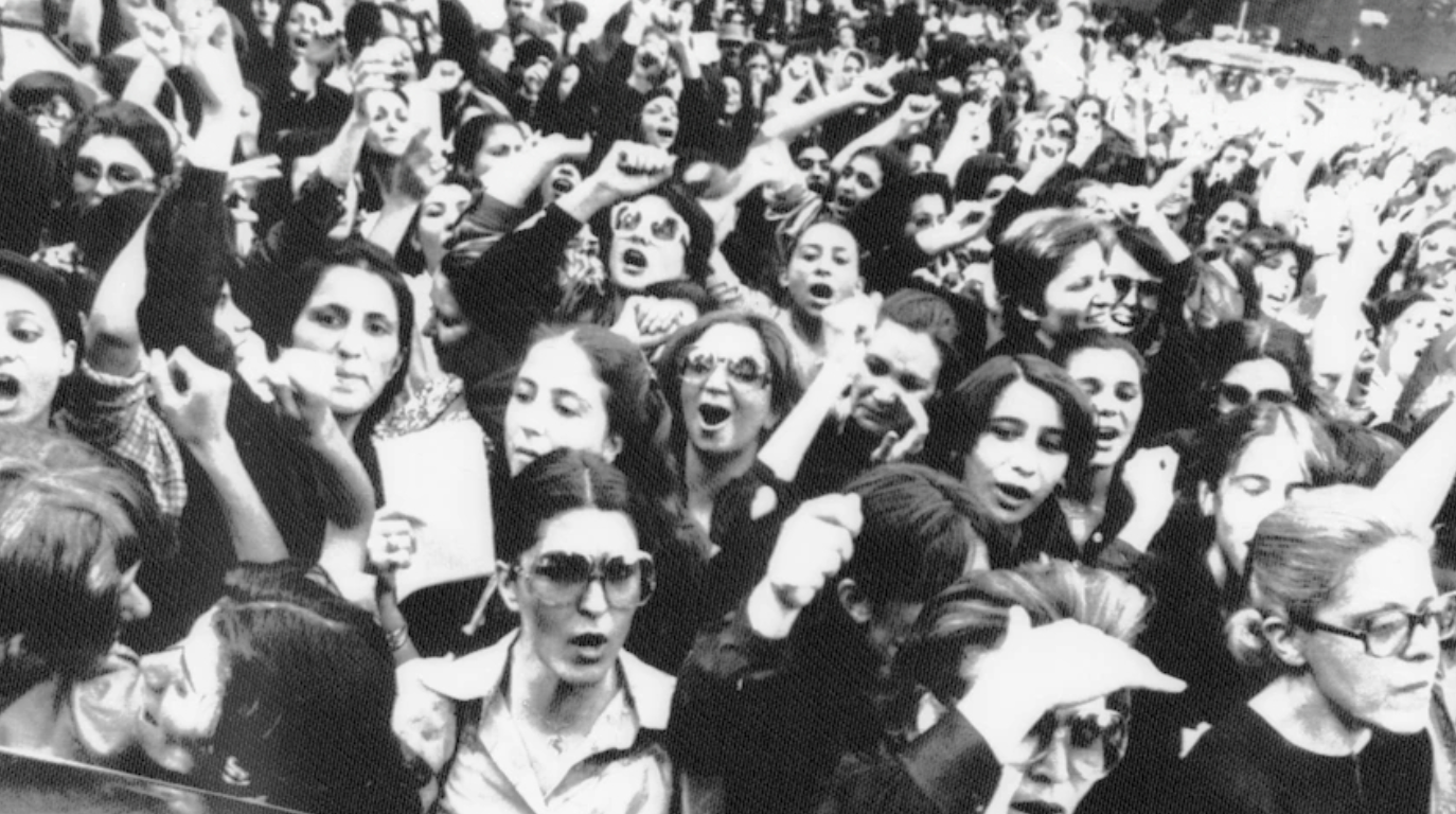 Iranian women protest against an Islamic dress code for all female employees in government offices, 1980.