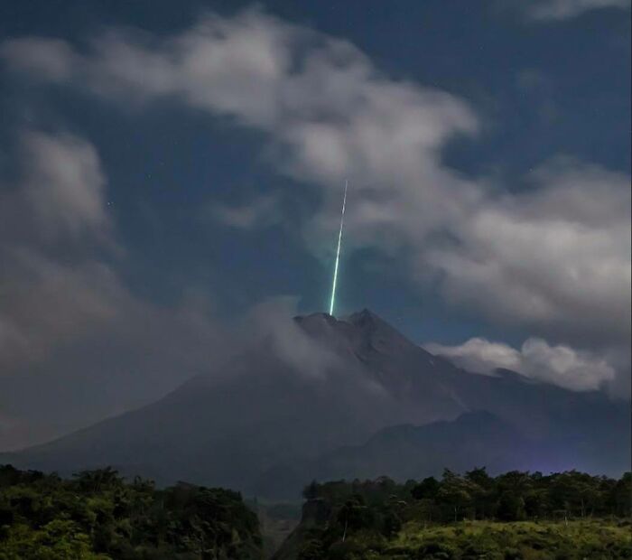 A meteor falls into the mouth of Mount Merapi, the most active volcano in Indonesia.