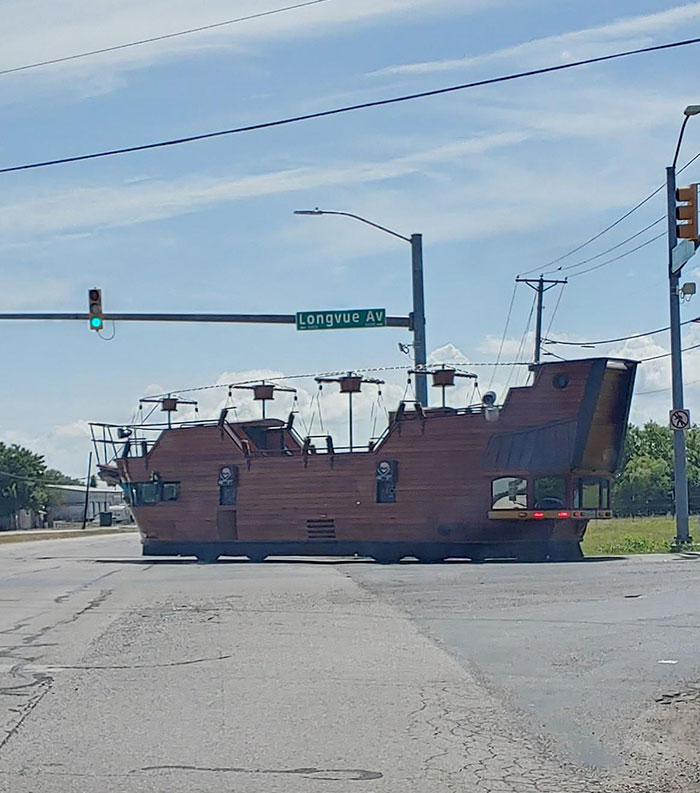 Someone spotted a Pirate Ship driving down a local road where they live.