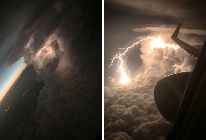 A passenger snapped this photo of a lightning storm happening in the clouds during their flight.