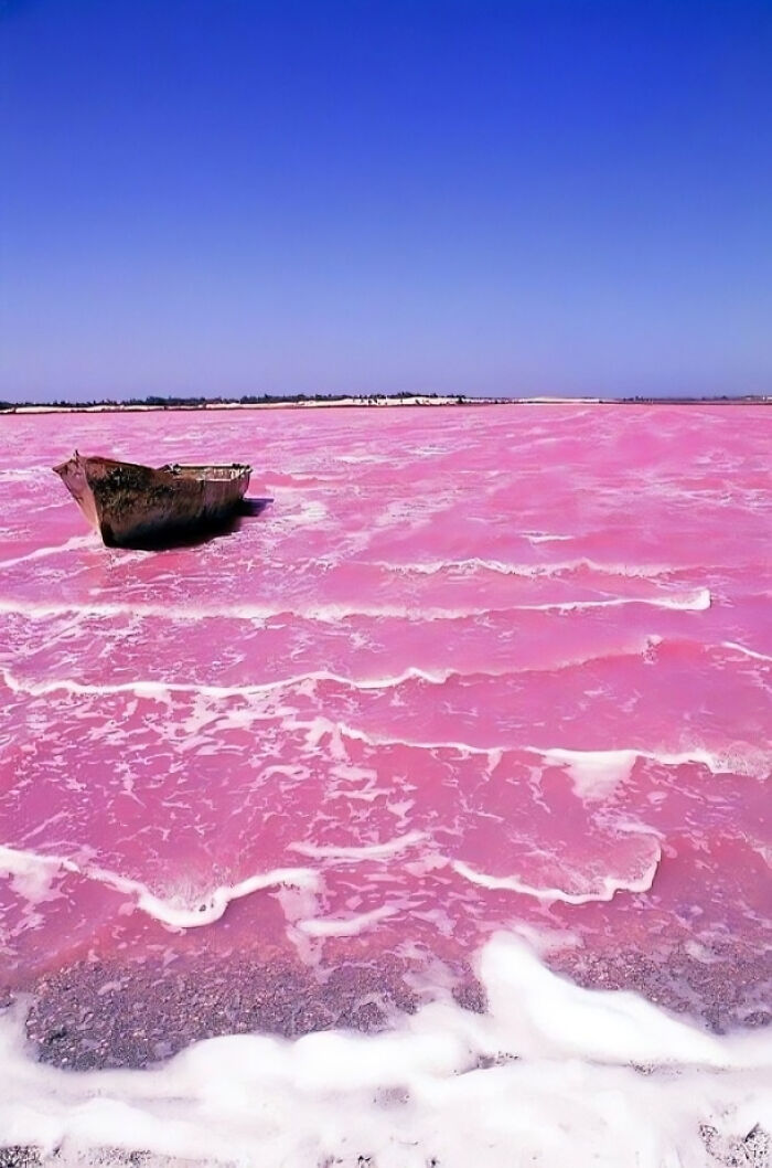 The distinct pink water of Lake Retba in Senegal, is caused by the 'Dunaliella Salina Bacteria' which is attracted to the lake's high salt content.